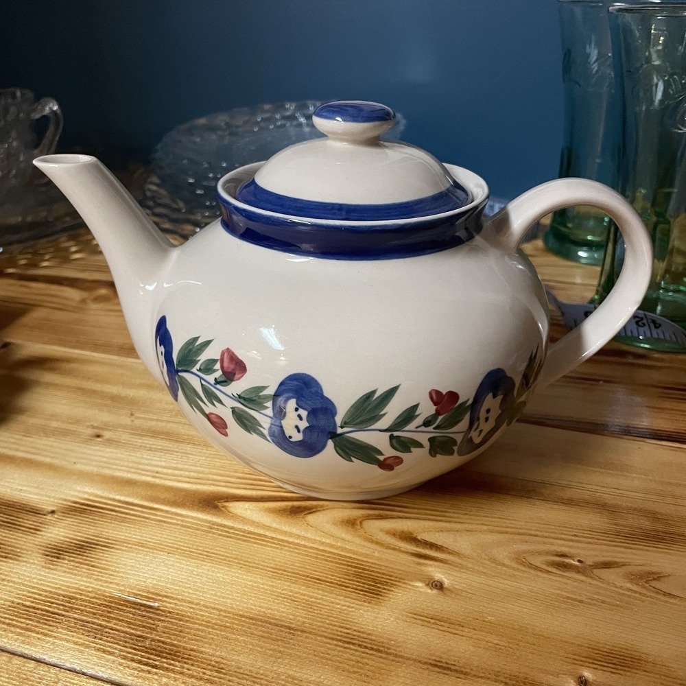Vintage Designpac Ivory & Blue Stoneware Teapot W/Lid Handpainted Floral Pattern